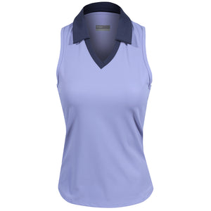 Lija Women's Born To Play Sleeveless V-Neck Polo - Periwinkle/Dark Navy