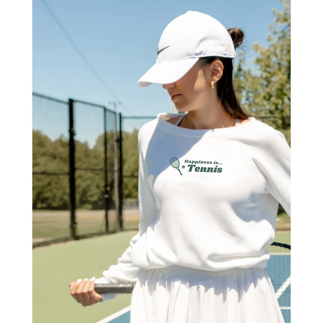 Happiness is... Women's Tennis Racquet Crew Sweatshirt - White
