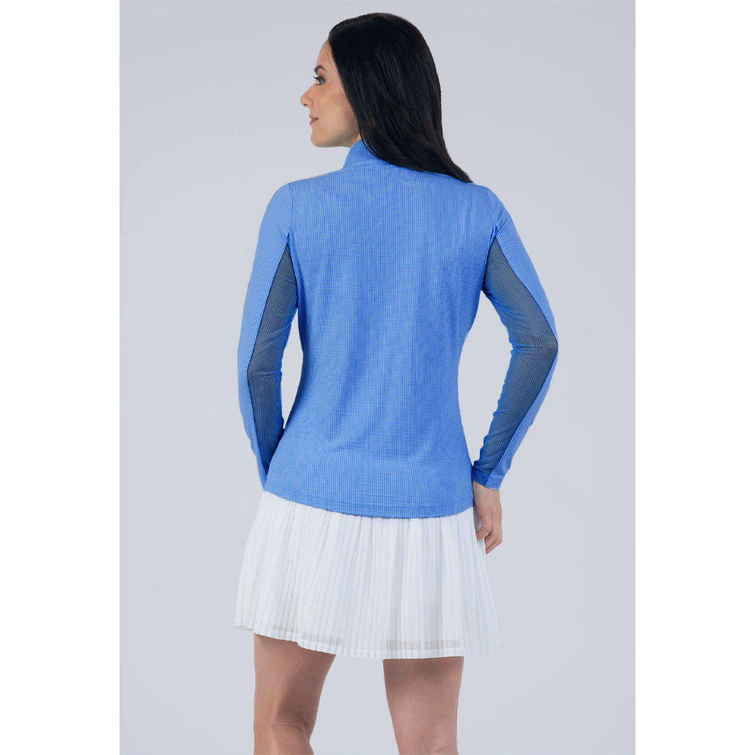 Ibkul Women's Mini Check Mock Neck Long Sleeve Top - Blue/White