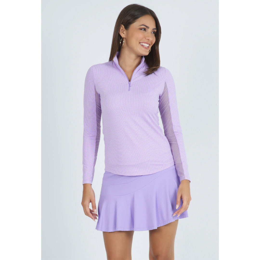 Ibkul Women's Mini Check Mock Neck Long Sleeve Top - Lavender/White