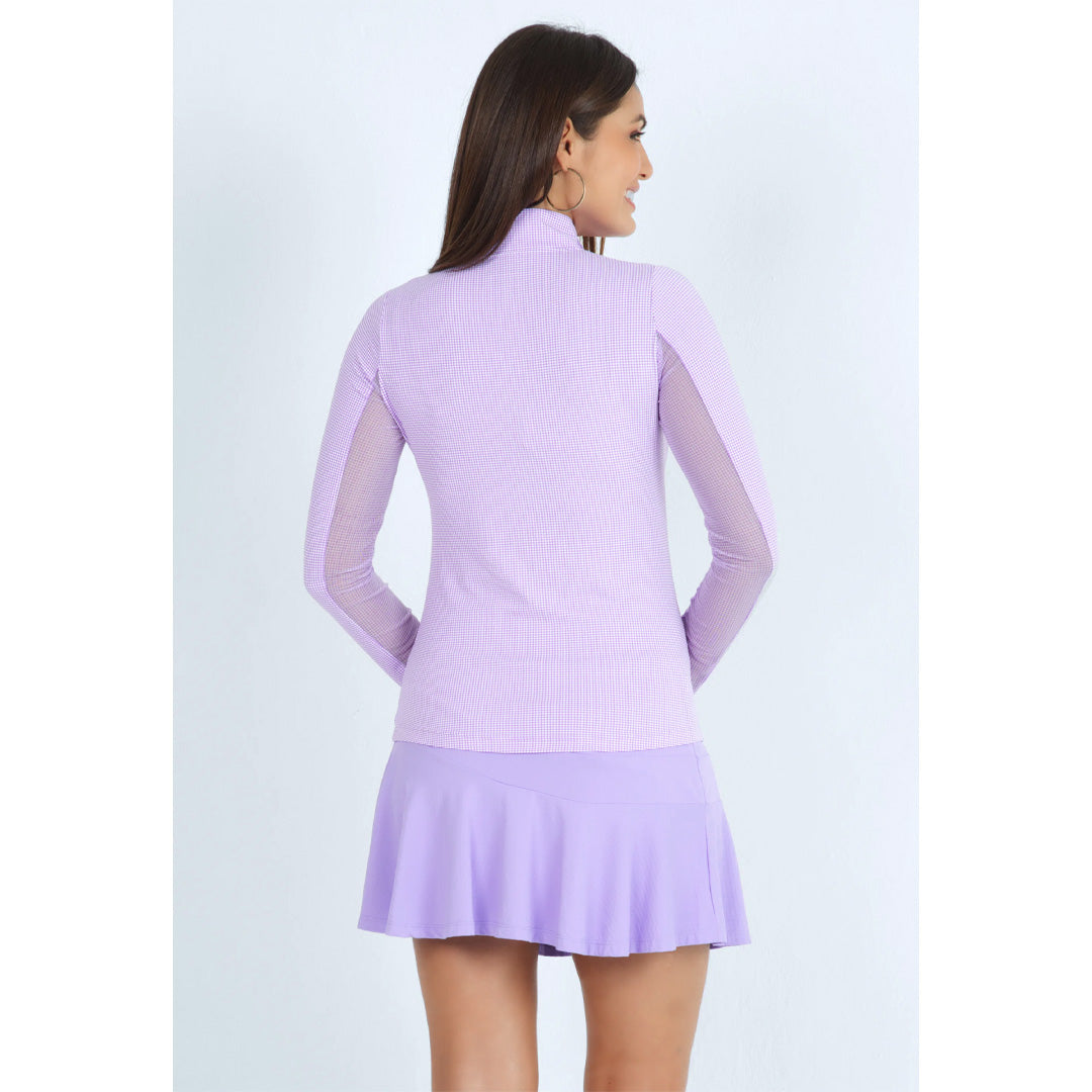 Ibkul Women's Mini Check Mock Neck Long Sleeve Top - Lavender/White