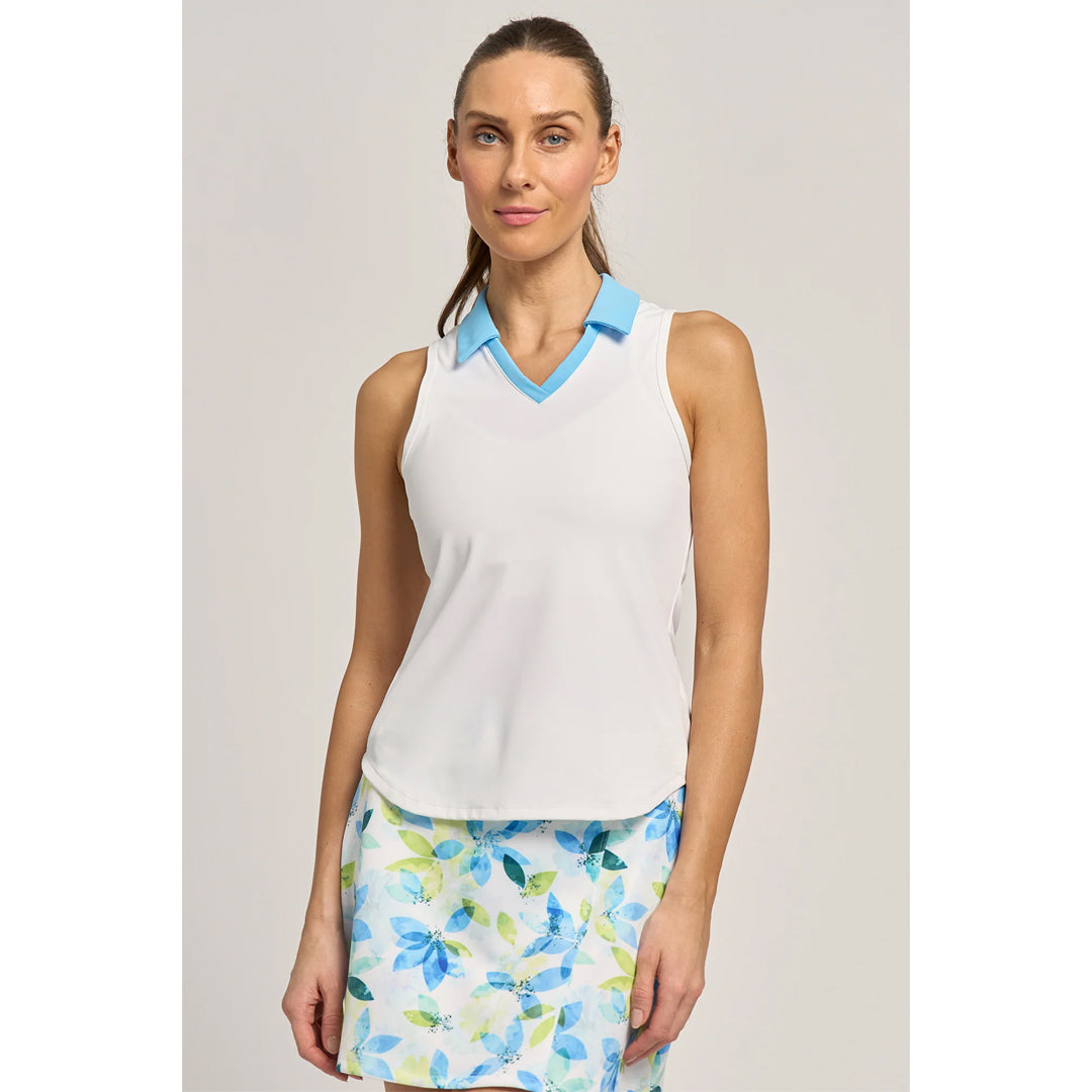 Lija Women's Match Point V Neck Tank - White/Blue Shores