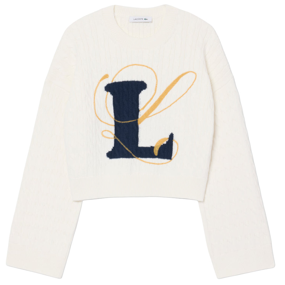 Lacoste Women's Embroidered Intarsia Cable Knit Sweater - White