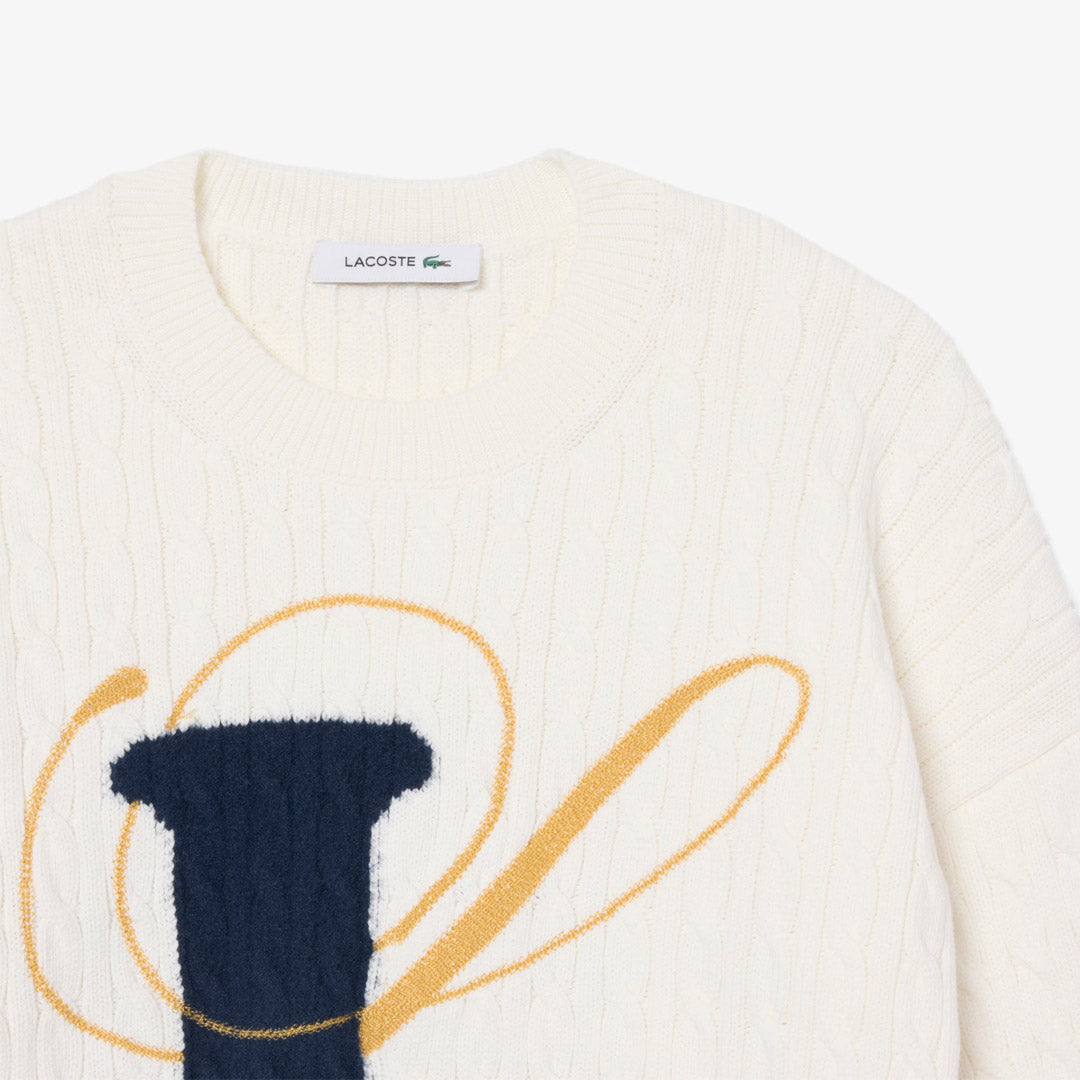 Lacoste Women's Embroidered Intarsia Cable Knit Sweater - White