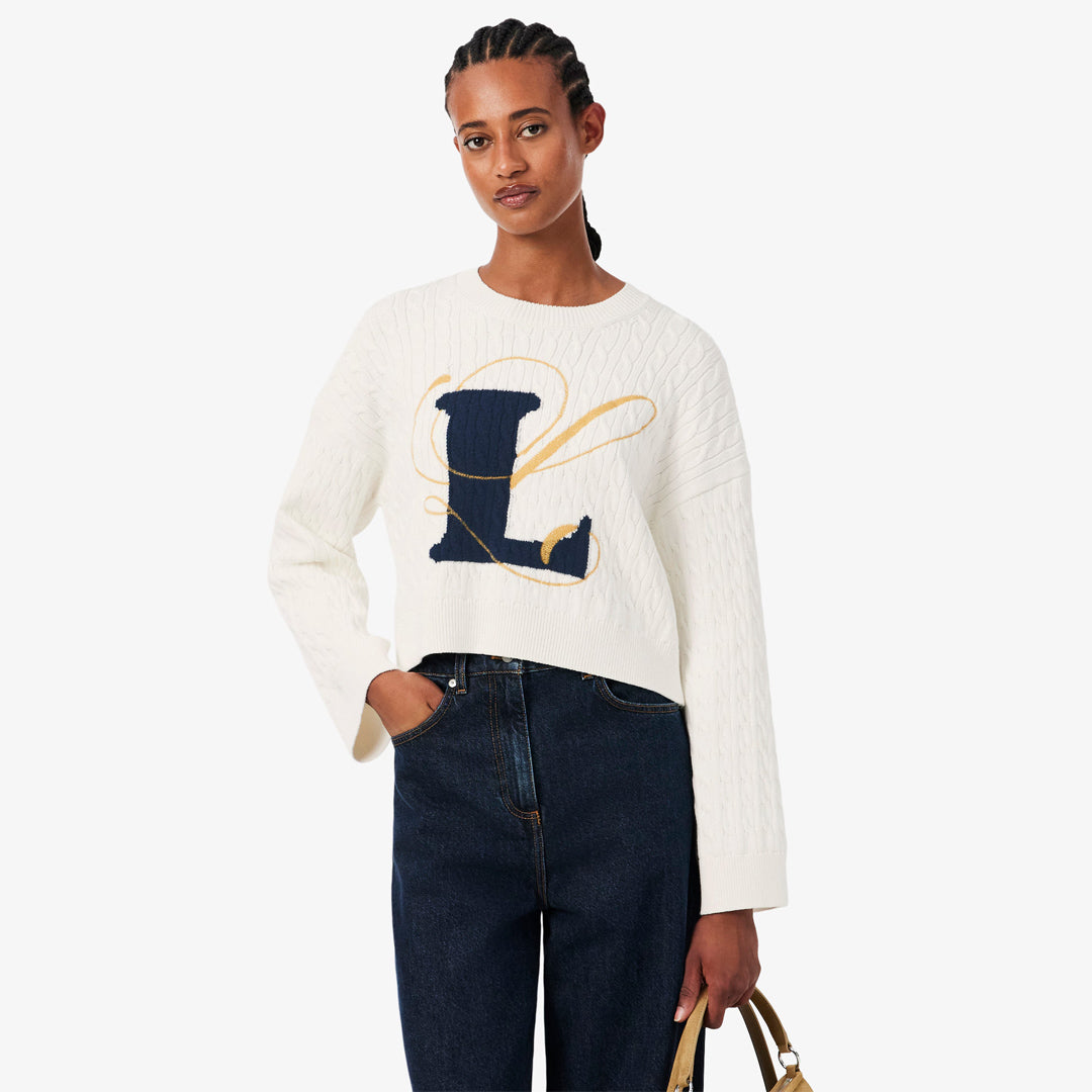Lacoste Women's Embroidered Intarsia Cable Knit Sweater - White