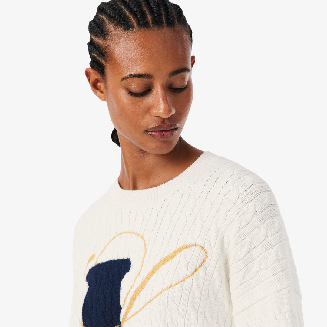 Lacoste Women's Embroidered Intarsia Cable Knit Sweater - White