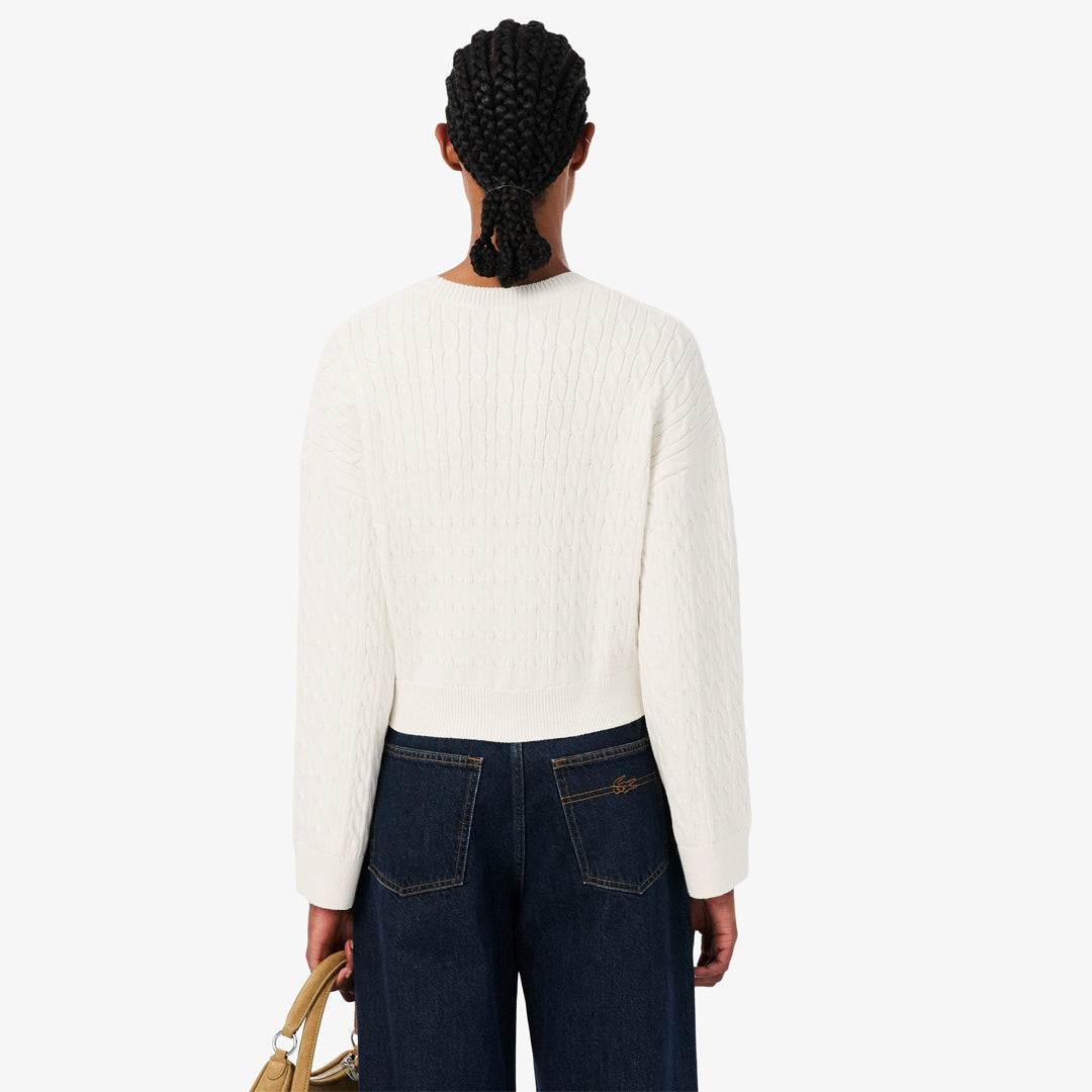 Lacoste Women's Embroidered Intarsia Cable Knit Sweater - White