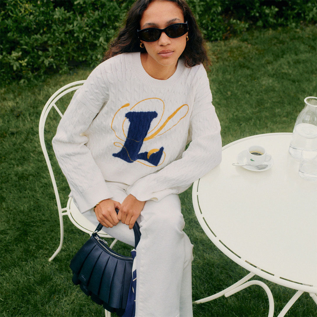 Lacoste Women's Embroidered Intarsia Cable Knit Sweater - White