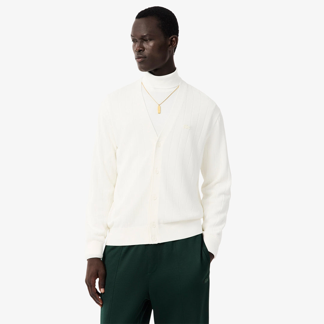 Lacoste Men's Ribbed Cotton Blend Cardigan - Flour