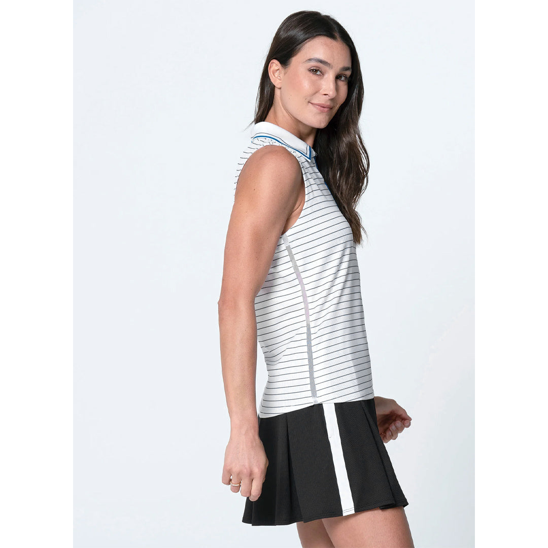 Lucky In Love Women's Pinstripe Zip Sleeveless Polo - White/Black