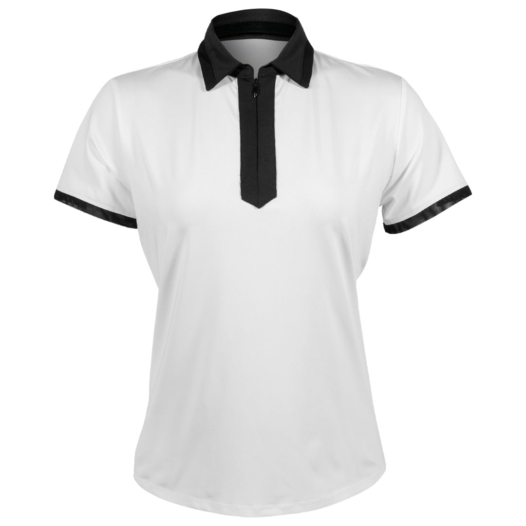 Lucky In Love Women's Chevron Placket Zip Short Sleeve Polo - White/Black