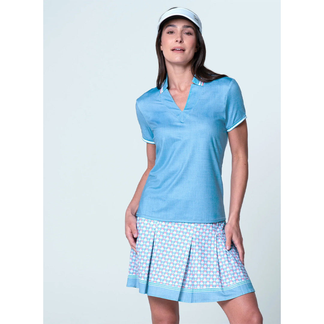 Lucky In Love Women's Linen Play Notch Collar Tee - Periwinkle